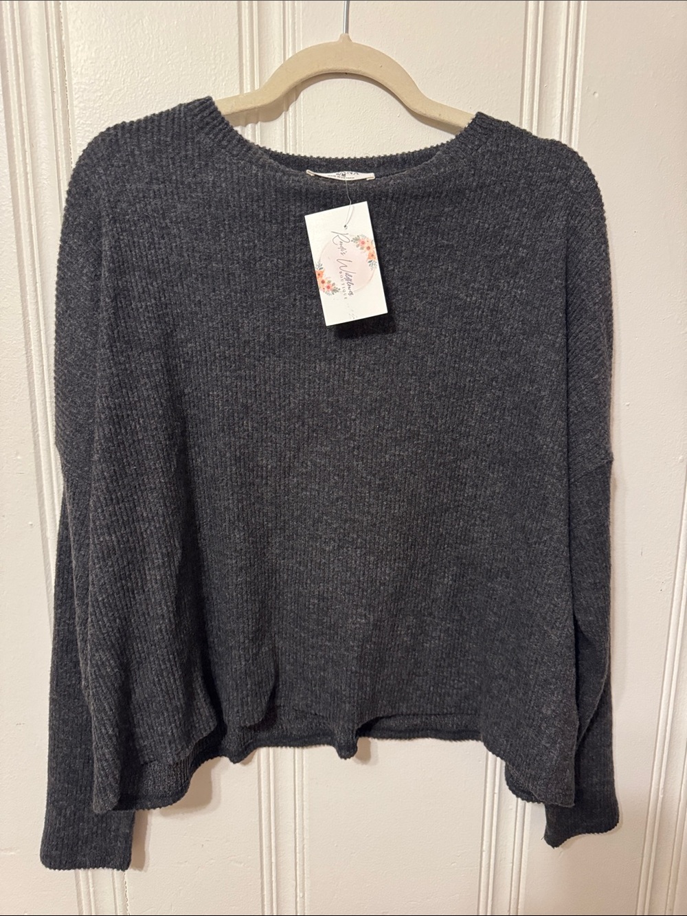 Zenana Outfitters Dark Charcoal Ribbed Crew Neck Sweater